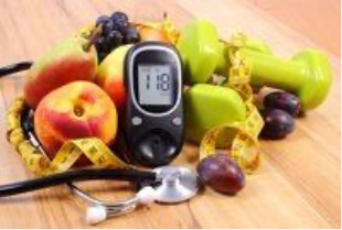 Photo showing fruit, stethoscope and workout equipment